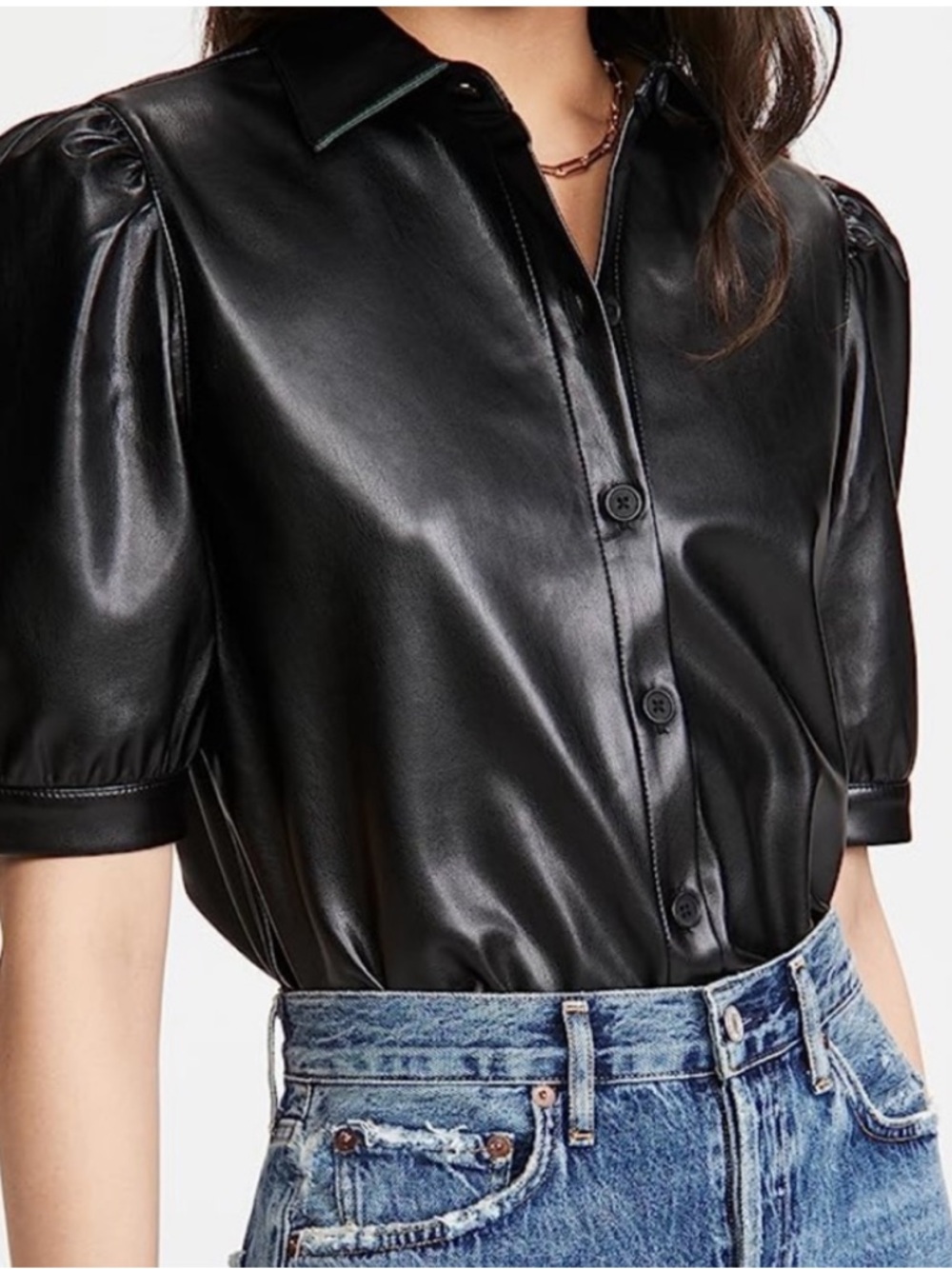 Steve Madden Black Faux Leather Puff Sleeve Button-Front Top - Picture 3 of 6
